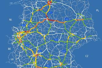 
Zemljevid nemškega cestnega omrežja z obvezno cestnino, barva odsekov ceste prikazuje število pobranih cestnin na uro 23. junija 2023