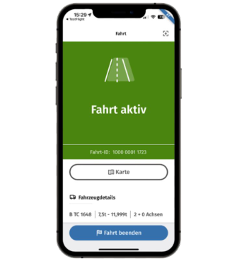 
Auf dem Display eines Smartphones wird die TollNow-App angezeigt. Die Fahrt ist aktiv.